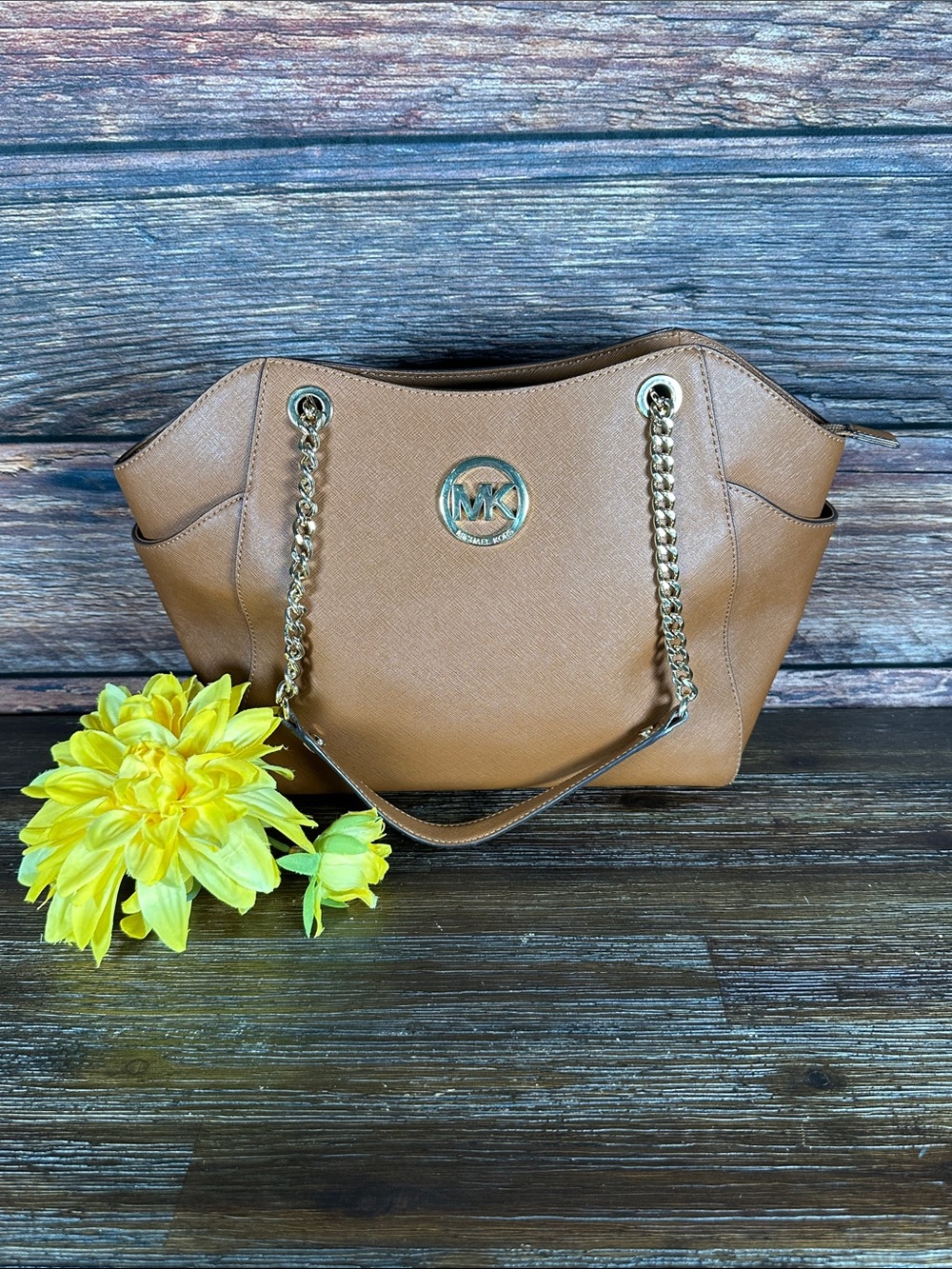 Michael Kors Cognac Leather Shoulder Bag with Gold Chain
